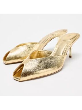 Zara Gold Metallic Open Toe Mule Heels size 38 new without tags